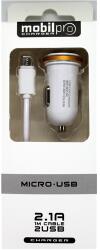MobilPro Autós töltő szett 2 USB port 2.1A micro USB kábellel fehér