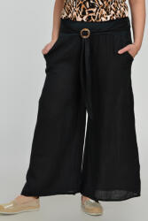 Shopika Pantaloni drepi, largi, de vara, din in, cu accesoriu de lemn, negri Talie unica