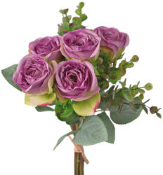 Valex Decor Eukaliptuszos rózsa selyemvirág csokor, 36cm magas - Lila (LD010-03)