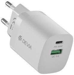 DEVIA smart hálózati töltő type-c+usb aljzat (30w, pd gyorstöltő. gan) fehér (EA307 2) - rufusz