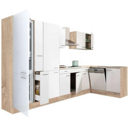 Leziter Yorki 370 sarok konyhablokk sonoma tölgy korpusz, selyemfényű fehér fronttal polcos szekrénnyel és alulfagyasztós hűtős szekrénnyel (LS370STFH-PSZ-AF)