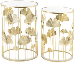 ART-POL Gatsby design kerek fém 2db-os konzolasztal szett ginkgo biloba levelekkel üveg lappal 55x38x38-50x33x33cm (140324) - perfectodekor