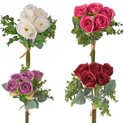 Eukaliptuszos rózsa selyemvirág csokor, 36cm magas - 24db-os mix (LD010)