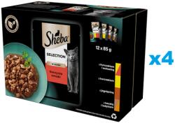 Sheba Selection Juicy Flavours tasak 48x85 g nedves teljes értékű eledel felnőtt macskáknak csirke- és marhahússal, csirke-, bárány-, kacsa- és pulykadarabokkal, mártásban