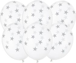 PartyDeco Ezüst csillagos latex lufik erős átlátszó 30 cm 6 db