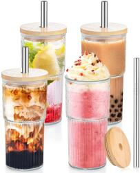 köken Set pahare cu capace si paie Koken, Sticla/Bambus/Otel Inoxidabil, pentru Bauturi racoritoare, Rezistent la temperaturi inalte si joase, 500 ml, Transparent/Lemn - koken - 185,00 RON