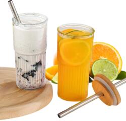 köken Set pahare cu capace si paie Koken, Sticla/Bambus/Otel Inoxidabil, pentru Bauturi racoritoare, Rezistent la temperaturi inalte si joase, 500 ml, Transparent/Lemn - koken - 98,00 RON