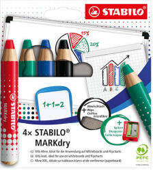 STABILO Táblaceruza készlet, 4 darabos, Stabilo MARKdry, vastag, + hegyező + törlőkendő