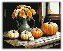  Őszi tökök és virágok rusztikus asztalon - számfestő készlet