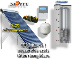 Cordivari Napkollektor rendszer Cordivari 1000 literes puffer fűtés rásegítésre: 5x20 vákuumcsöves kollektor + 1 hőcserélős puffertároló + nagyteljesítményű szivattyú állomás + vezérlés + tágulási tartály (SZET