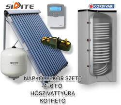 Napcsap 4-6 fő részére hőszivattyúra köthető napkollektor rendszer: 30 vákuumcsöves kollektor + 300 literes 2 extra nagy hőcserélős álló bojler + szivattyú állomás + vezérlés + tágulási tartály (SZETT_46_COR_