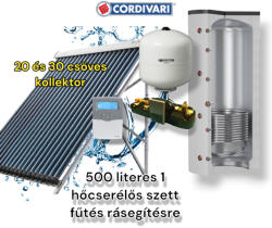 Cordivari Napkollektor rendszer 500 literes 1 hőcserélős puffer fűtés rásegítésre: 50 csöves kollektor + 1 hőcserélős puffertároló + szivattyú állomás + vezérlés + tágulási tartály (SZETT_500_1VB_50VCS_TIEM)