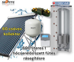 Cordivari Napkollektor rendszer 600 literes 1 hőcserélős puffer fűtés rásegítésre: 60 vákuumcsöves kollektor + 1 hőcserélős puffer + szivattyú állomás + vezérlés + tágulási tartály (SZETT_600_1VB_60VCS_TIEM)