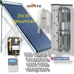 Cordivari Napkollektor rendszer Cordivari 500 literes puffer fűtés rásegítésre: 1-1 db 20 és 30 csöves kollektor + 2 hőcserélős puffertároló + nagyteljesítményű szivattyú állomás + vezérlés + tágulási tartály (