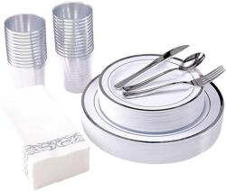  Versatyx 175 részes party szett, Nagy és kis tányérok, Evőeszközök, Szemüvegek, Szalvéták, Többször használható, Ünnepi asztalokhoz, Kerek, Ezüst