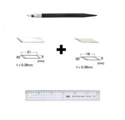 NT Cutter Set Cutter/cutit de precizie / hobby + 80 lame schimb - varf 30/45°+rigla profesionala 30cm NT Cutter (D-400P+BDA-200P+BDC-200P+CS-301)