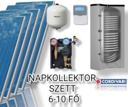 Napcsap 6-10 fő részére napkollektor rendszer: 5 db prémium sikkollektor, 500 literes 2 hőcserélős álló bojler, ECO szivattyú állomás, vezérlés, tágulási tartály (SZETT_610_COR_5SIK_500_2ST_ECO)