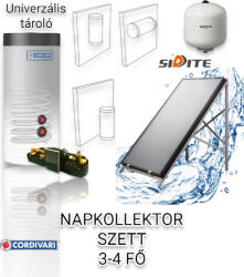 Napcsap 3-4 fő részére síkkollektoros szett: 1 db 2, 5 nm nagy síkkollektor, Cordivari 150 literes 1 hőcserélős bojler, szivattyú állomás vezérléssel, tágulási tartály (COR_SZETT_1NSIK_150L_1HCS-3401NST_NAPKO