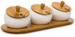 Relaxdays Set 3 recipiente condimente, ceramica, suport, capace si lingurite din bambus, maro natur/alb, 30.5 x 12 x 8.5 cm (10019133) Solnita condimente