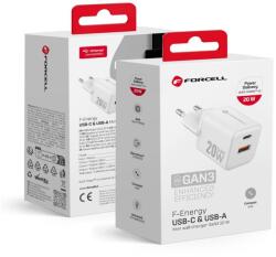 Forcell F-ENERGY Mini GaN III VT-35A utazó töltő 1 x Type C + 1x USB A aljzattal, PD QC4.0 20W fehér