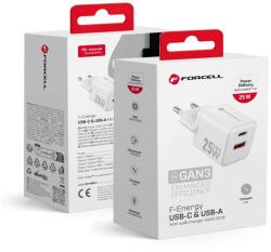 Forcell F-ENERGY Mini GaN III VT-25B utazó töltő 1 x Type C + 1 x USB A aljzattal, PD QC4.0 25W fehér