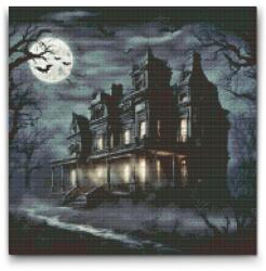 Gyémántszemes kirakó - Éjféli halloweeni ház Méret: 50x50cm, Keretezés: Kartonlemezen, Gyémántok: Négyzet alakú