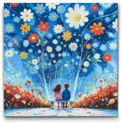  Gyémántszemes kirakó - Szerelmes pár egy padon Méret: 50x50cm, Keretezés: Műanyagtáblával, Gyémántok: Négyzet alakú