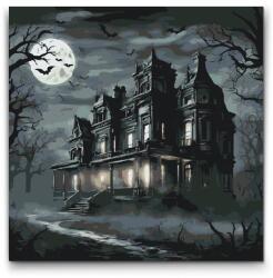  Festés számok szerint - Éjféli halloweeni ház Méret: 50x50cm, Keretezés: Keret nélkül (csak a vászon)