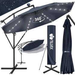Tillvex Umbrela terasa/gradina, cu lumina LED, husa protectie, protectie UV 50+, rotire la 360°, inclinatie reglabila, manivela, Ø 300 cm, albastru inchis (TVSNS-007)