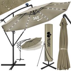 Tillvex Umbrela terasa/gradina cu lumina LED, husa protectie, panou incarcare solara, protectie UV 50+, rotire la 360°, inclinatie reglabila, manivela, Ø 300 cm, crem inchis (TVSNS-010)