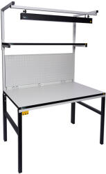  TESDA ESD asztal, 1200x900 mm. 1 db 1200x300 mm-es polccal, 2 db oszloppal, ESD LED lámpával, perforált hátfallal, hálózati elosztóval
