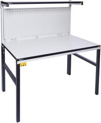  TESDA ESD asztal, 1200x700 mm. 1 db 1200x300 mm-es polccal, 2 db oszloppal, perforált hátfallal, hálózati elosztóval