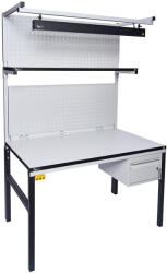  TESDA ESD asztal, 1200x900 mm. 1 db 1200x300 mm-es polccal, 2 db oszloppal, ESD LED lámpával, 2 perforált hátfallal, hálózati elosztóval, 1 fiókos szekrénnyel
