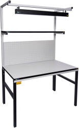  TESDA ESD asztal, 1200x900 mm. 1 db 1200x300 mm-es polccal, 2 db oszloppal, ESD LED lámpával, perforált hátfallal