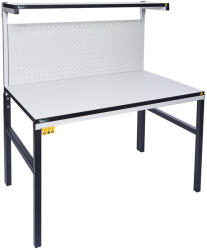  TESDA ESD asztal, 1500x900 mm. 1 db 1500x300 mm-es polccal, 2 db oszloppal, perforált hátfallal