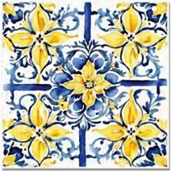  Nyomtatott fa tábla - Mediterrán csempe minta - kék-sárga 12, 5x12, 5cm - kosarbolt