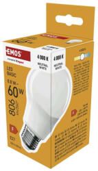 EMOS ZL5F48, LED izzó Basic A60 / E27 / 8, 8 W (60 W) / 806 lm / Természetes fehér (ZL5F48)