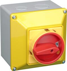 TRACON Tokozott főkapcsoló, lakatolható, sárga fedéllel, BE-KI, 400V, 50Hz, 32A, 4P, 11kW, 64x64mm, IP44 (TKFL-32TS) (32TS)