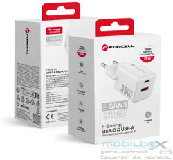 Forcell F-ENERGY Mini GaN III VT-35C travel charger with 1 x Type C + 1x USB A sockets, PD QC4.0 35W white