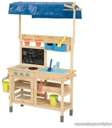 PlayTive Mud Kitchen PREMIUM NC Kültéri / fából készült kerti játékkonyha, sárkonyha, mosogatóval, főzőlappal, 2 polccal és rajztáblával, 82 x 135 x 50 cm, kék