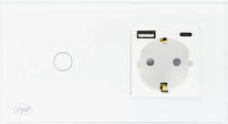 PNI Întrerupător simplu touch, priză cu împământare & priză USB dublă(1x USB tip A+ 1x USB tip C) PNI SafeHome, alb, sticlă (PNI-SH115W)