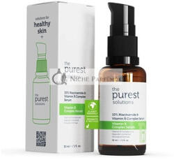 The Purest Solutions B-vitamin komplex szérum Niacinamiddal 10% - Antiérzékenyítő, Anti-vörösödés, Bőrregeneráló - Vegán, Állatkísérlet-mentes, Környezetbarát, 30ml