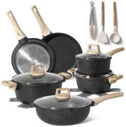 Just Perfecto Set oale si tigai Just Perfecto JL-789, 15 piese, Finisaj marmura, Inductie, Accesorii, Negru (JL-789 black)