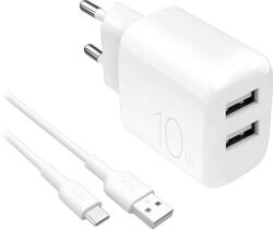 PURO PROLITE 10W 2x USB-A fali töltő + USB-A - USB-C kábel 1, 2m - fehér (PUTC2USBA10WDYKACWHI)