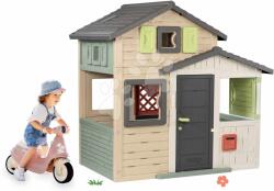 Smoby Set căsuța Prietenilor cu ușă mare și babytaxiu motocicletă Friends Evo Playhouse Life Smoby extensibilă roz cu reflector și roți din cauciuc (SM810206-A25)