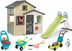 Smoby Set căsuța Prietenilor și tobogan de 2 metri cu apă Friends Evo Playhouse Life Smoby extensibilă cu mașină de tuns iarba cu roabă și unelte de grădină (SM810206-A11) Casuta pentru copii