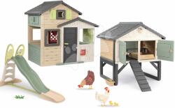 Smoby Set căsuța Prietenilor cu tobogan ecologic în culori naturale Friends Evo Playhouse Green Smoby extensibilă suprafața de alunecare 2, 3 m cu apă și coteț pentru găini cu cuib și hrănitoare (SM810206-A Casuta pentru copii