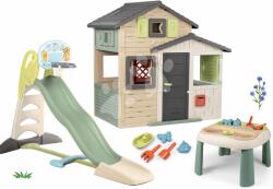 Smoby Set căsuța Prietenilor și tobogan de 2, 3 m cu baschet Friends Evo Playhouse Life Smoby extensibilă cu măsuță pentru apă și nisip cu tunel de apă (SM810206-A14) Casuta pentru copii