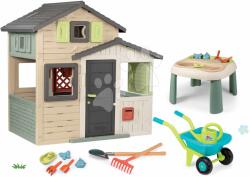 Smoby Set căsuța Prietenilor și măsuță pentru apă și nisip Friends Evo Playhouse Life Smoby extensibilă cu roabă și unelte de grădină (SM810206-A22) Casuta pentru copii