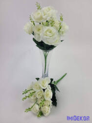  Rózsa 14 fejes selyemvirág csokor díszítővel 30 cm - Törtfehér